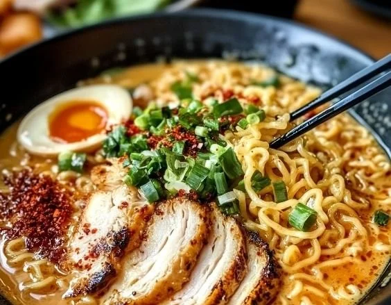 Bowl of creamy garlic chicken ramen with vibrant vegetables and tender chicken