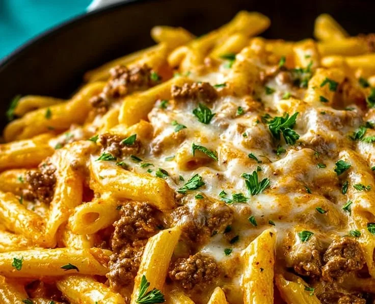 Creamy high protein beef pasta dish served in a bowl with herbs on top