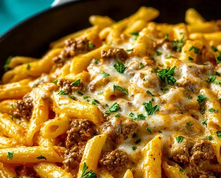 Creamy high protein beef pasta with fresh herbs and cheese on a plate