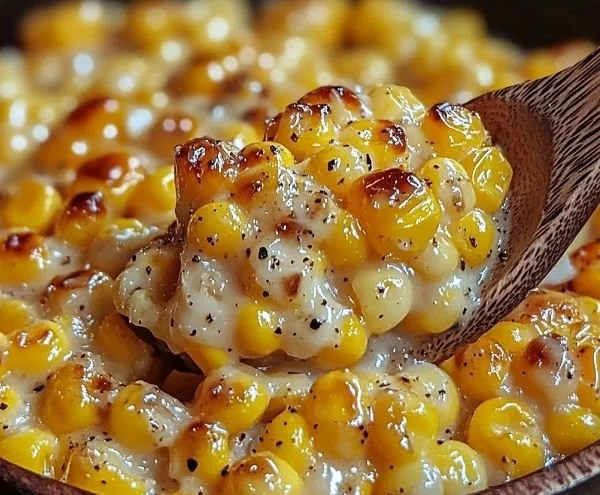 Creamy honey butter skillet corn dish garnished with fresh herbs