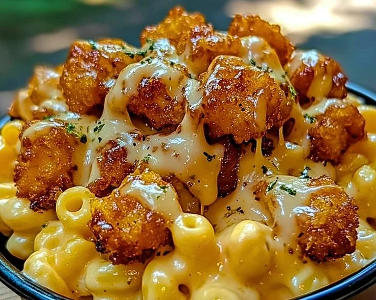 Creamy Honey Pepper Chicken Mac and Cheese topped with fresh herbs
