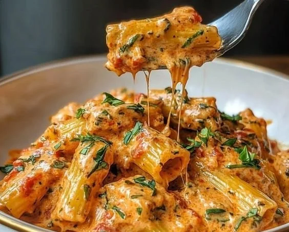 Creamy tomato garlic pasta served in a bowl with herbs on top.