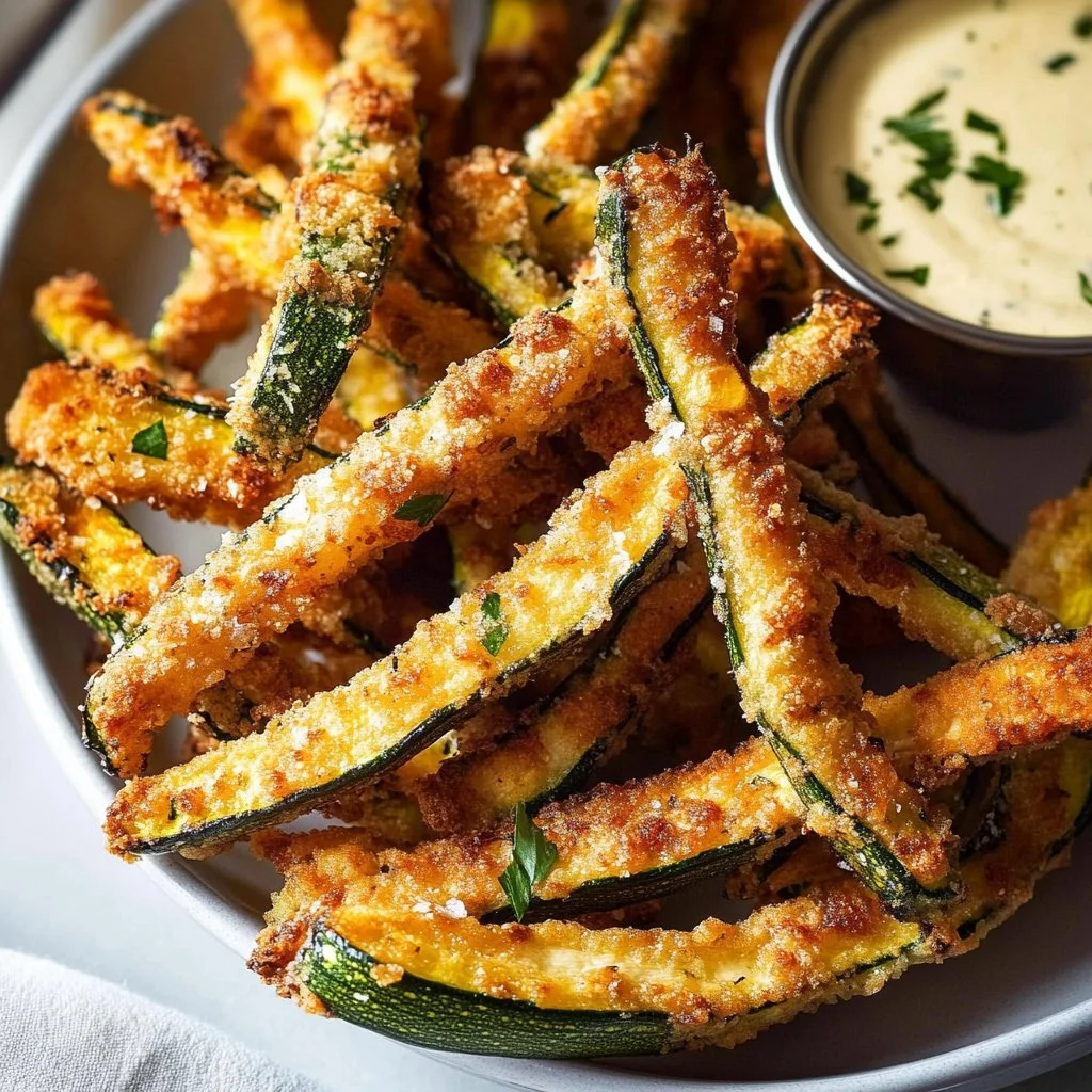 Crispy baked keto zucchini fries served with dipping sauce