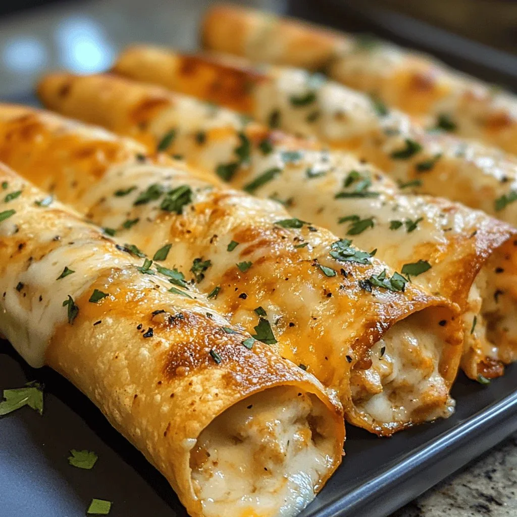 Golden crispy chicken taquitos filled with seasoned chicken and served with salsa.