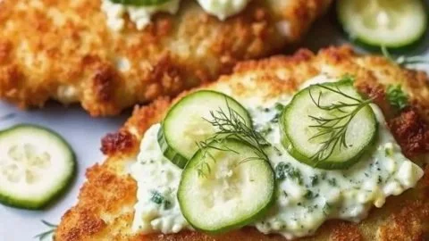 Crispy Dill Pickle Parmesan Chicken served with garnishes