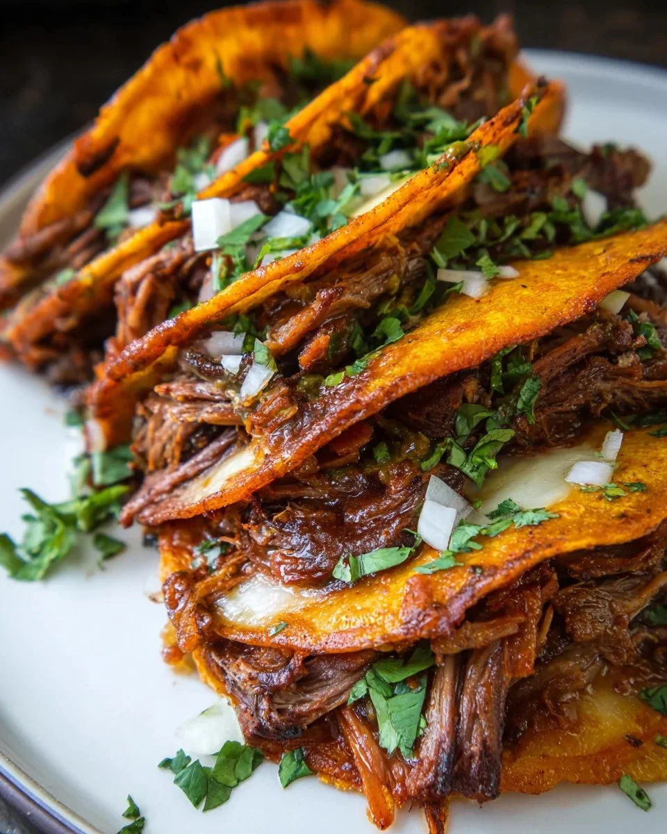 Slow-cooked birria tacos served with flavorful broth and garnishes.