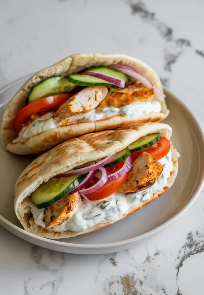 Delicious Crockpot Greek Chicken Pitas topped with creamy tzatziki sauce