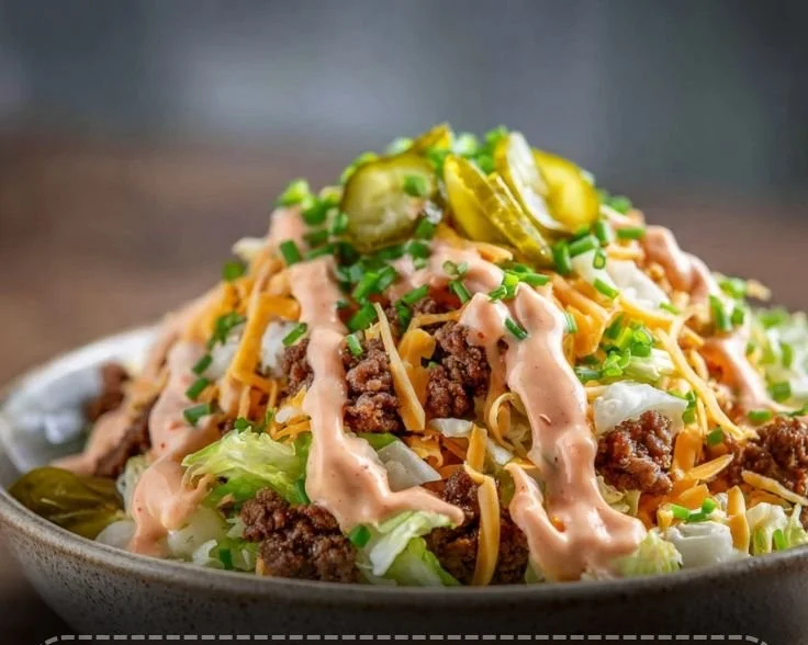 Delicious Easy Big Mac Salad with lettuce, beef, cheese, and special sauce.