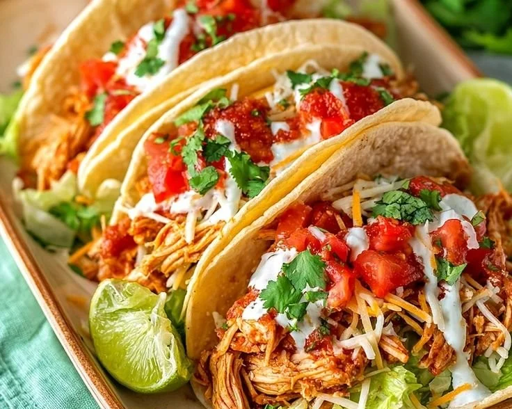 Delicious and easy Crockpot chicken tacos with fresh toppings
