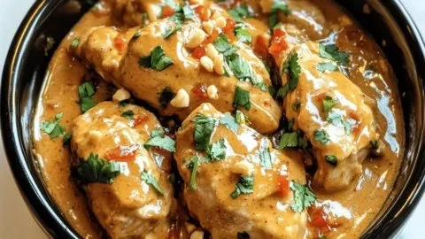 Bowl of easy Crockpot Thai Peanut Chicken topped with peanuts and cilantro