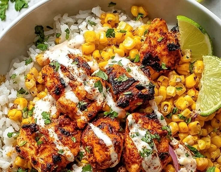 Delicious Easy Street Corn Chicken Bowl made with fresh ingredients