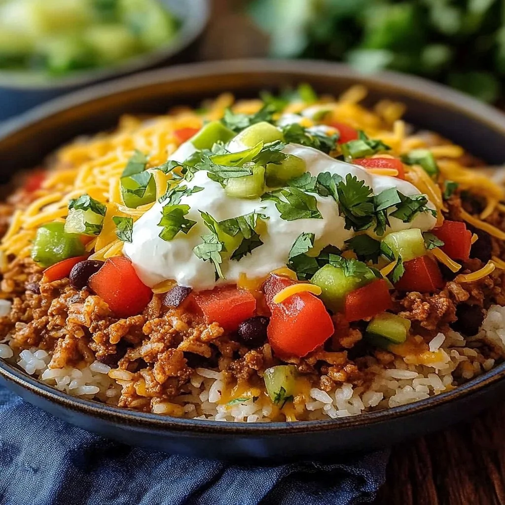 Easy taco rice bowl featuring seasoned beef, cheese, and fresh toppings.
