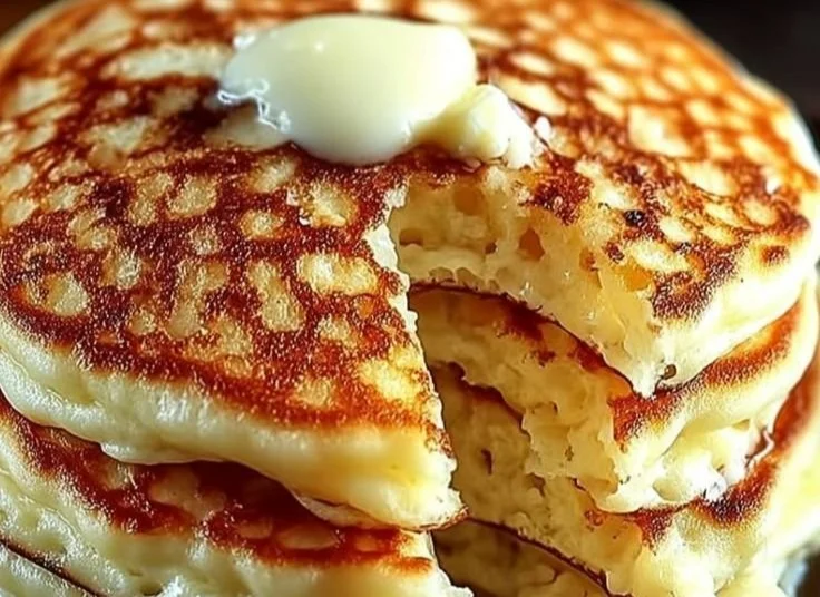 Flourless cottage cheese pancakes topped with fresh fruits and honey.