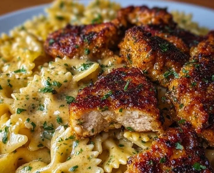 Creamy Garlic Butter Chicken served with Bowtie Pasta on a plate
