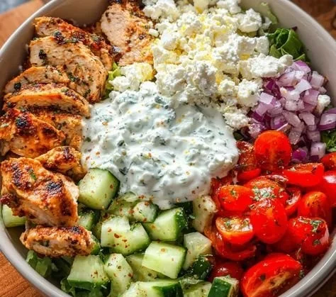Delicious Greek Chicken Bowls with fresh vegetables and herbs