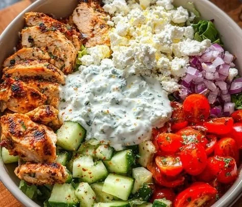 Delicious Greek chicken bowl with fresh vegetables and tzatziki sauce