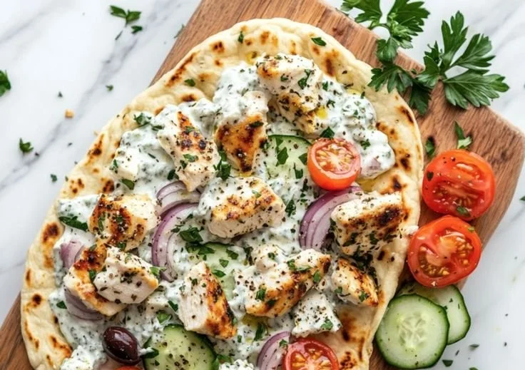 Delicious Greek Chicken Flatbread with fresh toppings and herbs.