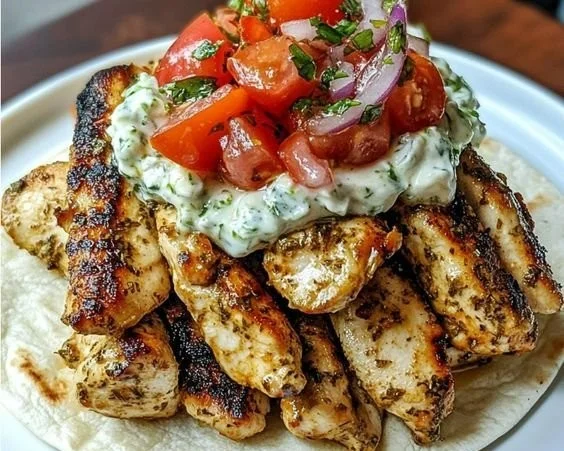 Delicious Greek Chicken Gyros with marinated chicken and fresh toppings