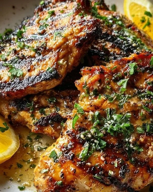 Delicious Greek yogurt marinated chicken on a plate garnished with herbs