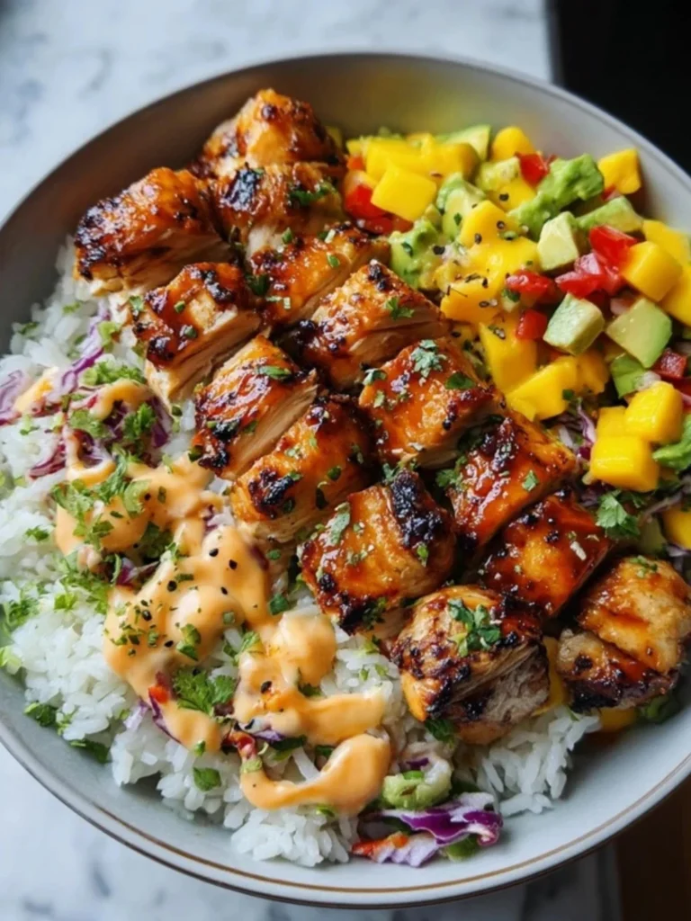 Grilled chicken bites with maple sriracha, coconut rice, and mango avocado salsa