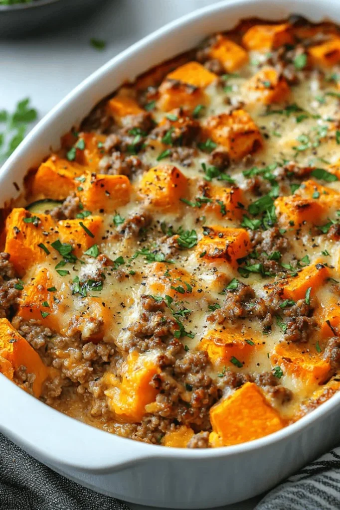 Ground Turkey Sweet Potato Bake ready to serve in a baking dish