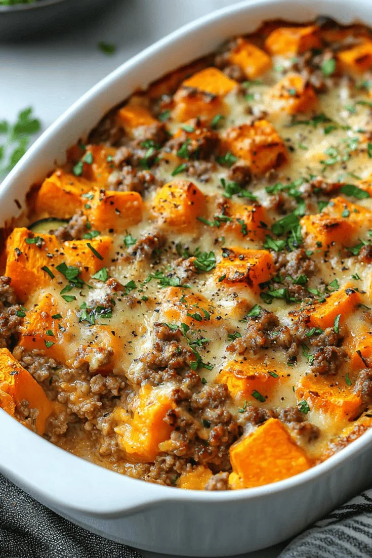 Ground Turkey Sweet Potato Bake ready to serve in a baking dish
