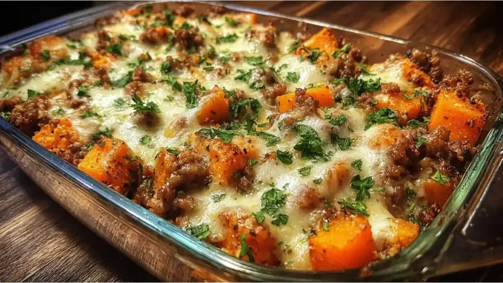 Baked ground turkey and sweet potato casserole topped with fresh herbs