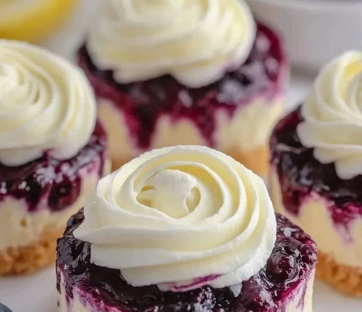 Healthy mini lemon blueberry cheesecakes topped with fresh blueberries.