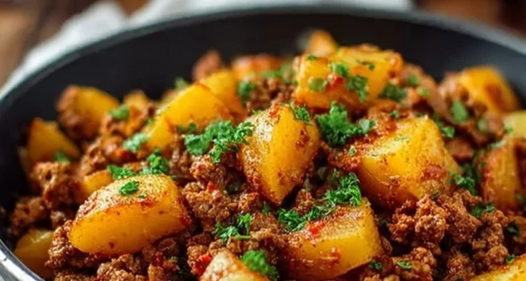 Hearty ground beef and potatoes dish served in a bowl