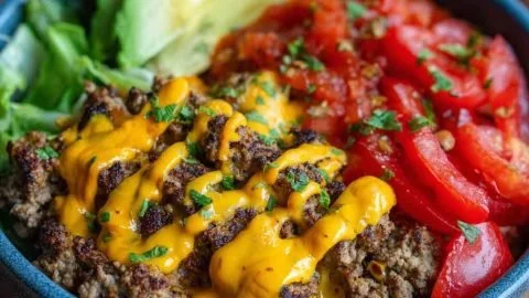 High-protein cheeseburger bowls with ground beef and burger sauce for meal prep