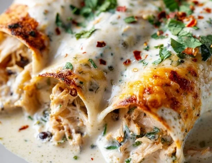 Plate of high protein chicken enchiladas topped with cheese and sauce
