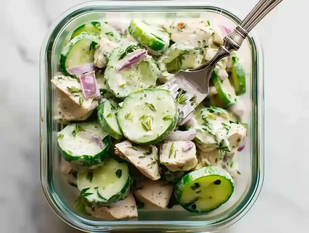 High protein cucumber salad with fresh vegetables and herbs