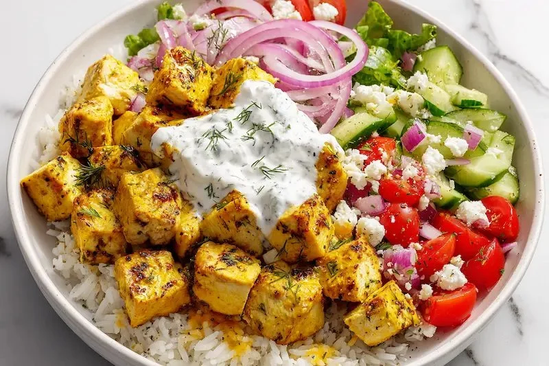 High protein Mediterranean lemon-dill chicken bowls for meal prep