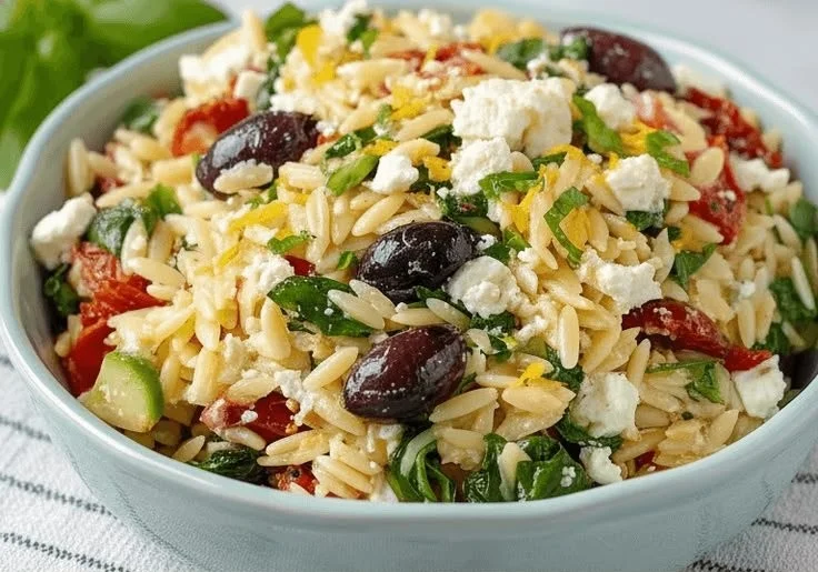 Bowl of homemade orzo pasta salad with feta and sun-dried tomatoes