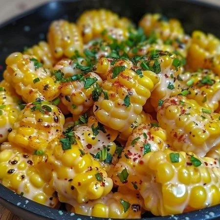 Honey butter skillet corn served in a cast iron pan with a golden glaze.