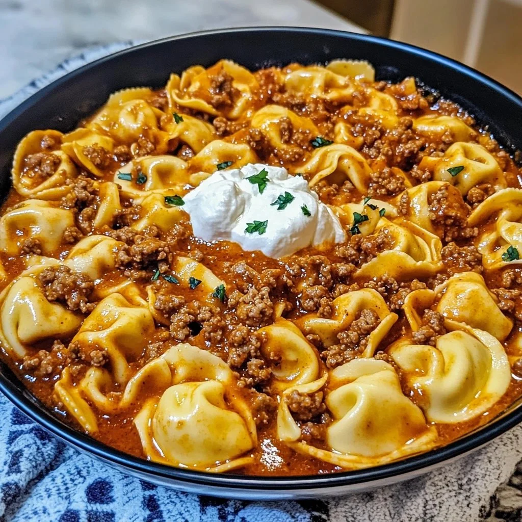 Cheesy beef enchilada tortellini served with fresh toppings