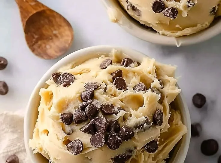Bowl of irresistible Greek yogurt cookie dough with chocolate chips