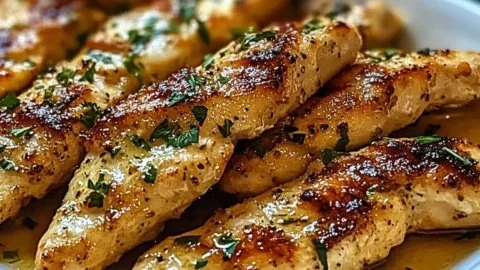 Juicy Greek chicken tenders on a plate garnished with herbs and lemon.