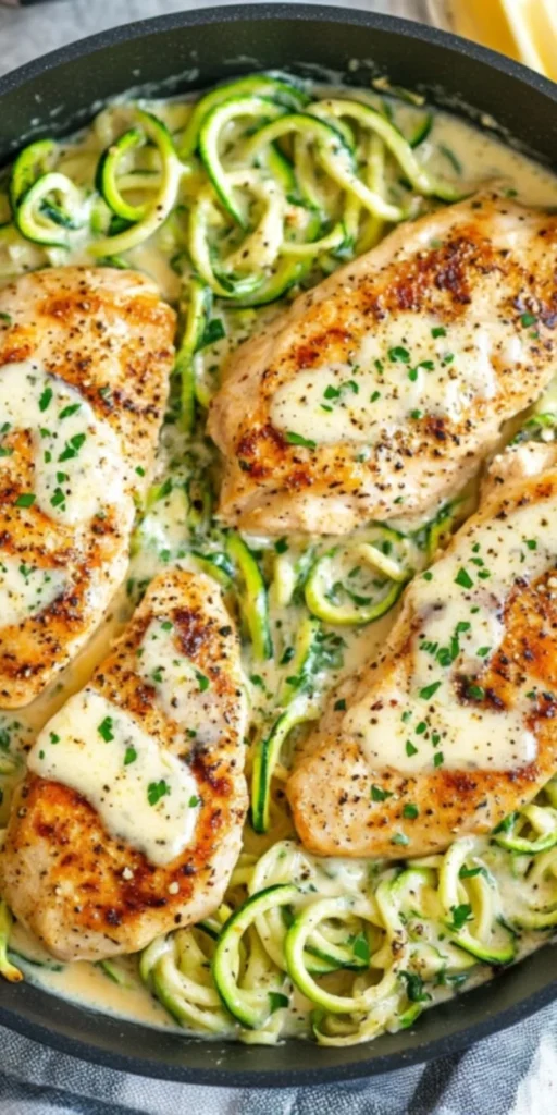 Delicious Keto Chicken Alfredo with Zucchini Noodles served in a bowl
