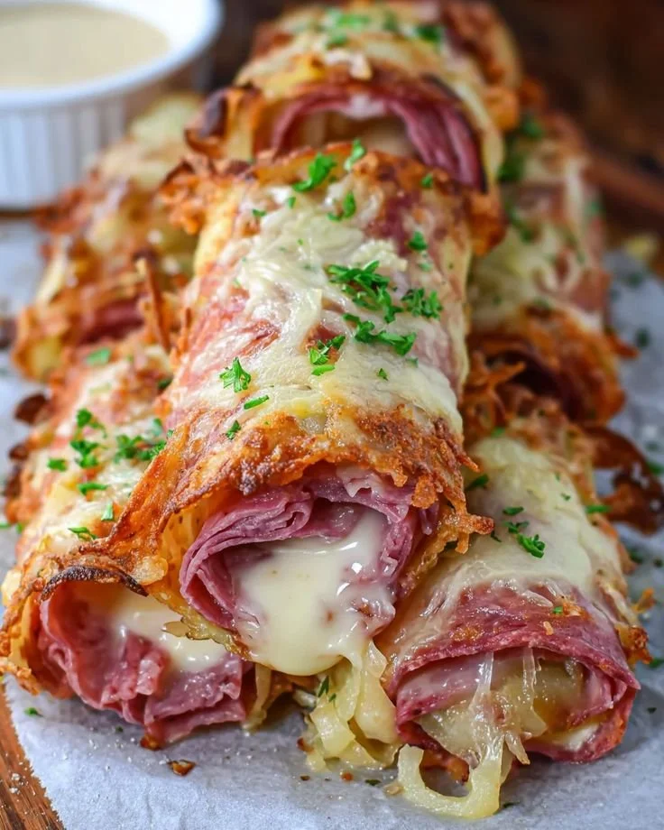 Keto Crispy Reuben Roll-Ups on a plate topped with fresh herbs