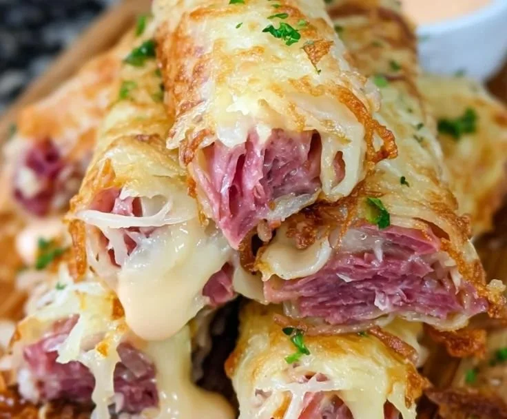 Keto Crispy Reuben Roll-Ups topped with sauerkraut and Swiss cheese