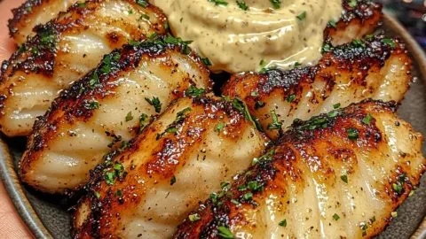 Delicious Lemon Butter Fish bites served with garlic aioli for dipping