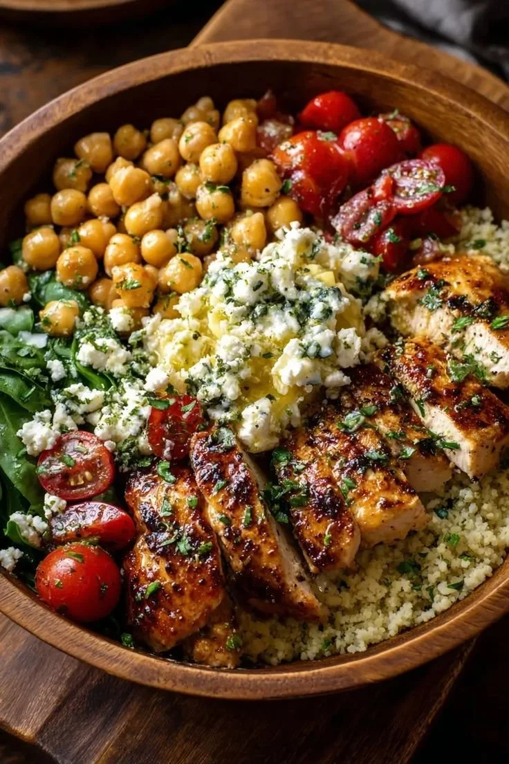 Lemon-Herb Chicken Bowl with Chickpeas and Feta served in a vibrant dish