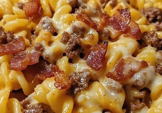 Delicious Loaded Bacon Cheeseburger Pasta served in a bowl
