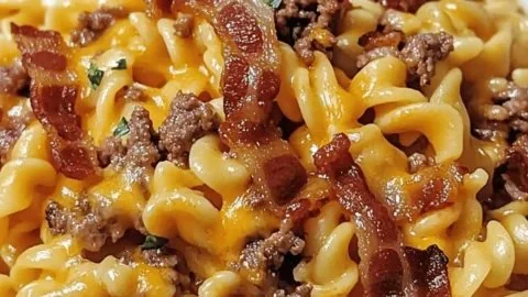 Delicious loaded bacon cheeseburger pasta topped with melted cheese and crispy bacon