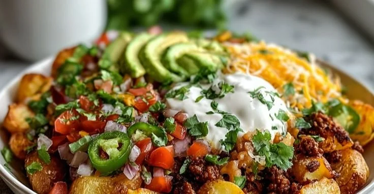 Loaded Potato Taco Bowl topped with fresh ingredients and flavors