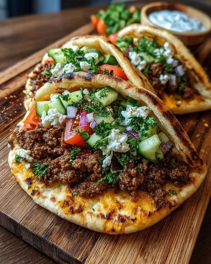 Mediterranean Ground Beef Pita Pockets filled with savory ground beef and vegetables