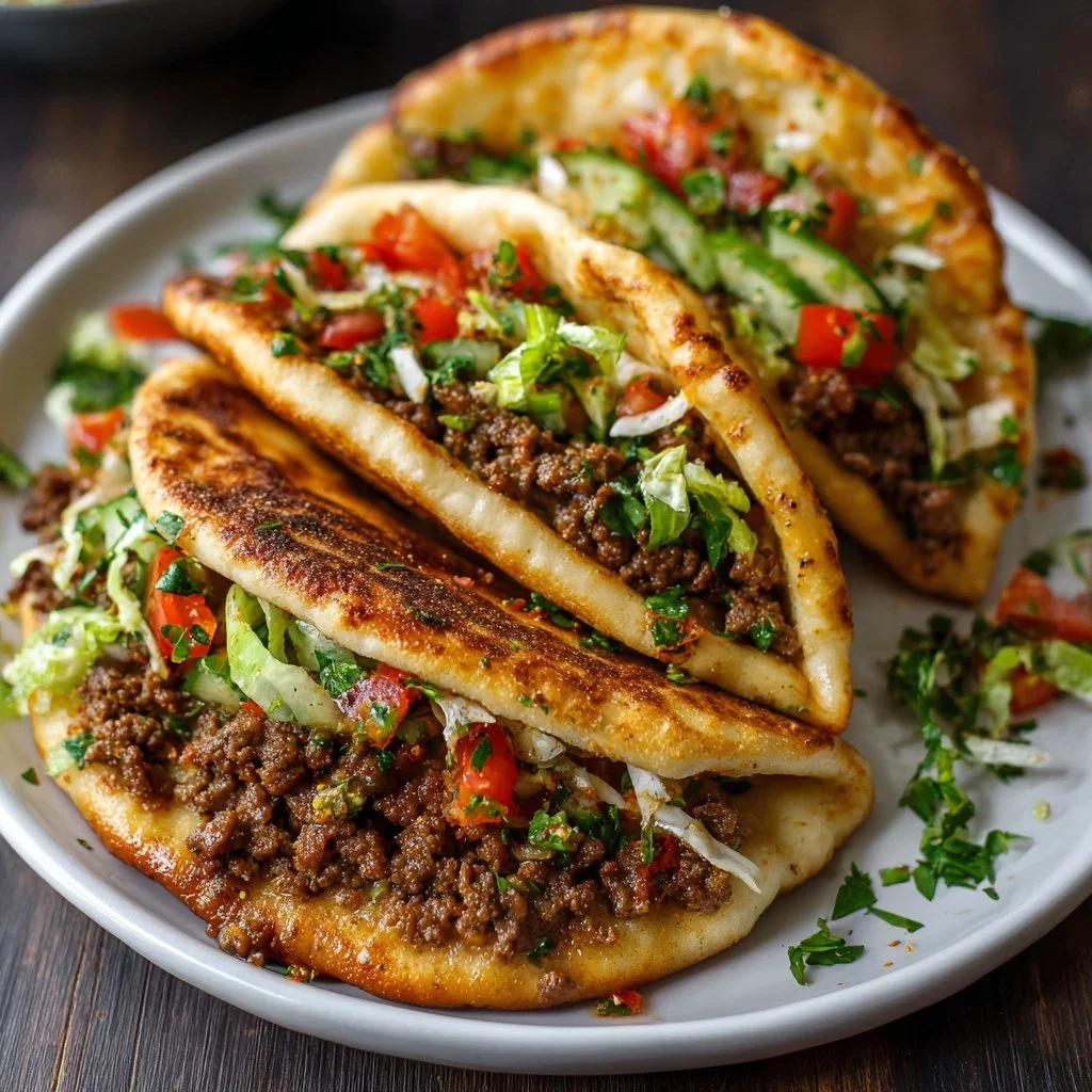 Mediterranean ground beef pita pockets filled with fresh ingredients