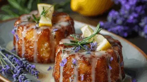 Mini lemon cakes with lavender glaze on a platter.