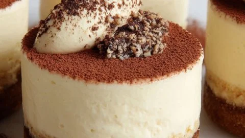 Mini tiramisu cheesecake garnished with cocoa powder and coffee beans.